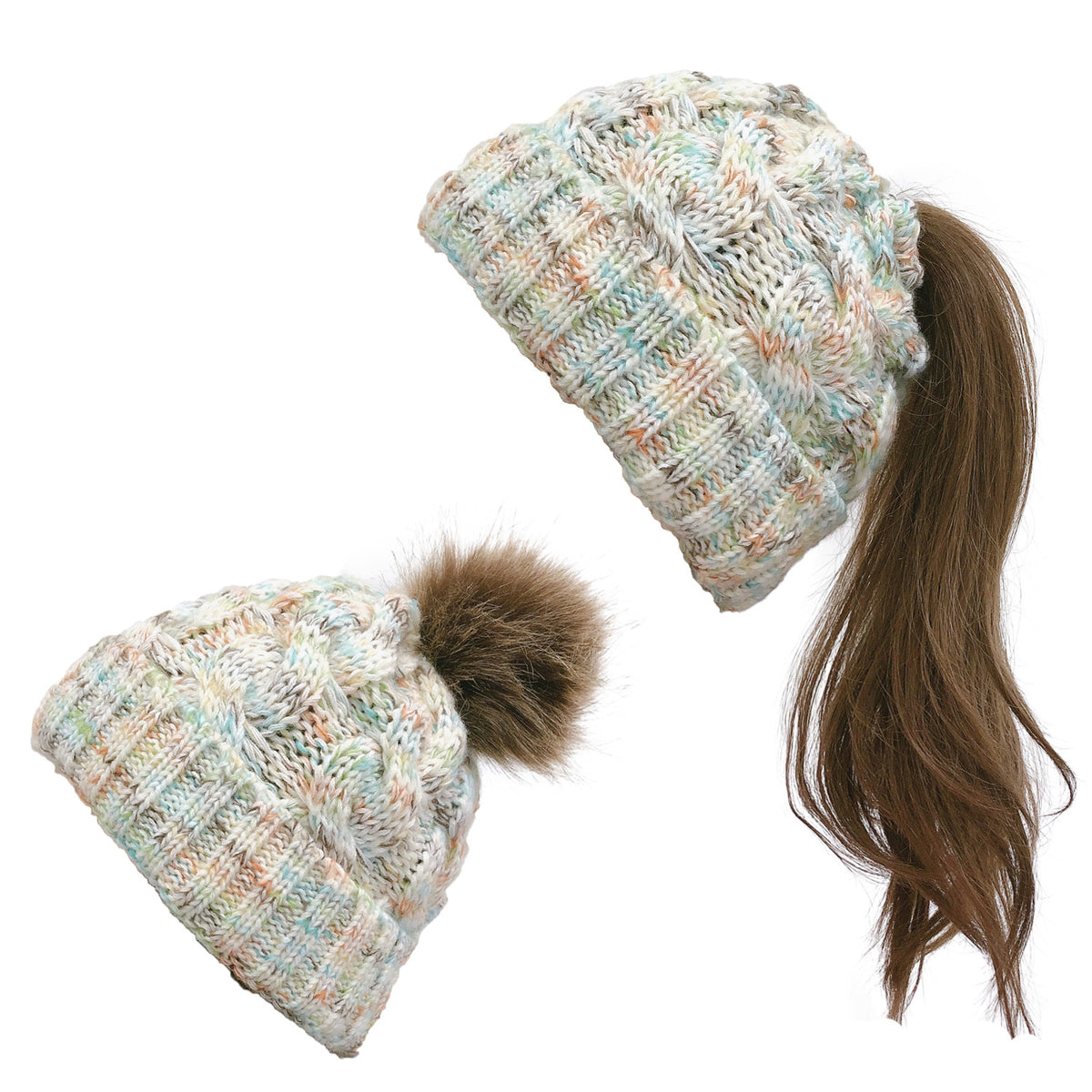 2019 Colorful Pom Pom Knit Beanie for Ponytail