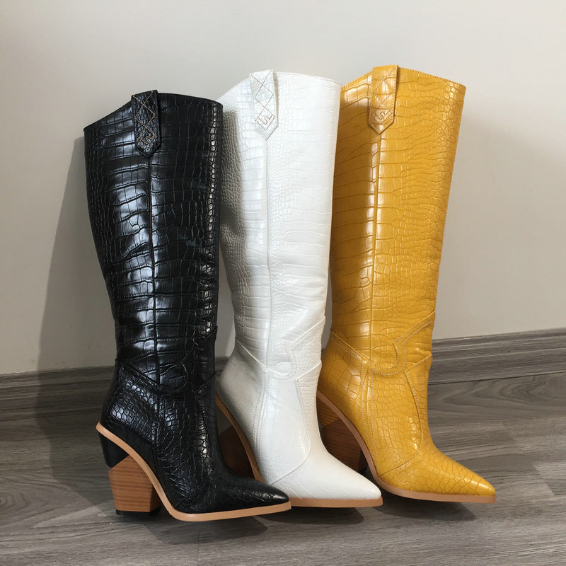Croc-Print Knee-High Heeled Boots
