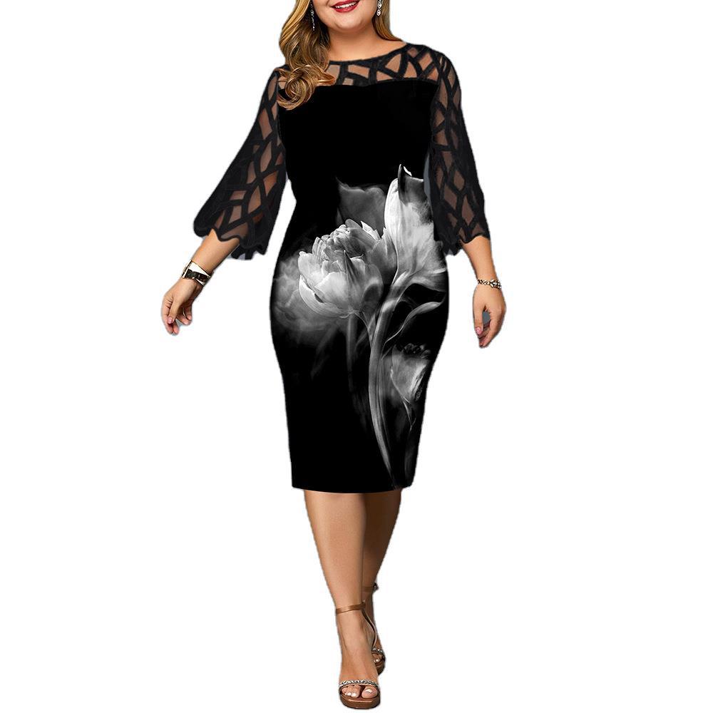 Plus Size Rose Print Pencil Dress
