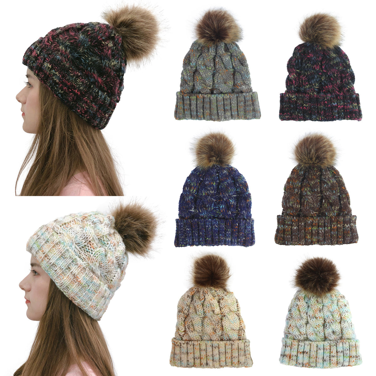 2019 Colorful Pom Pom Knit Beanie for Ponytail
