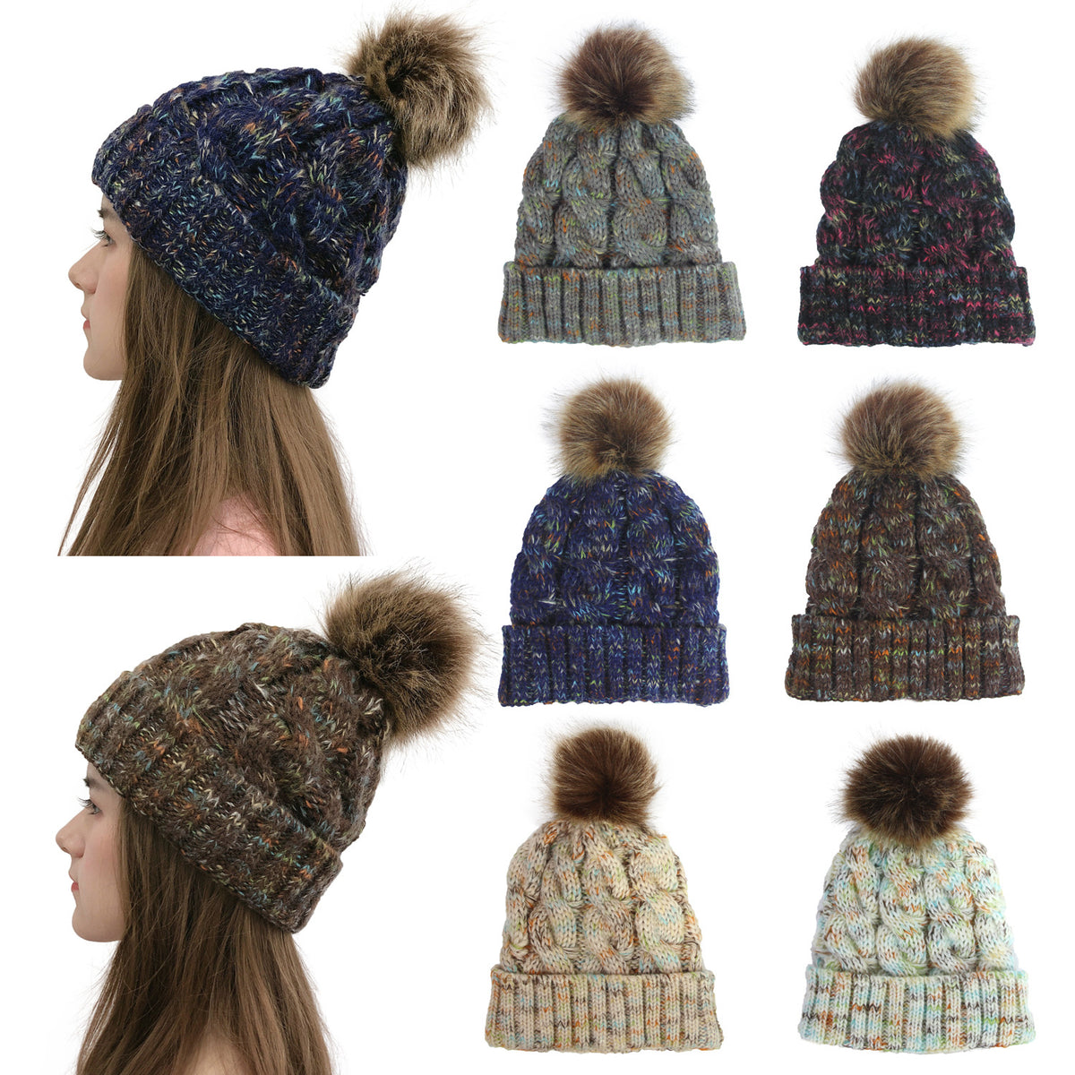 2019 Colorful Pom Pom Knit Beanie for Ponytail