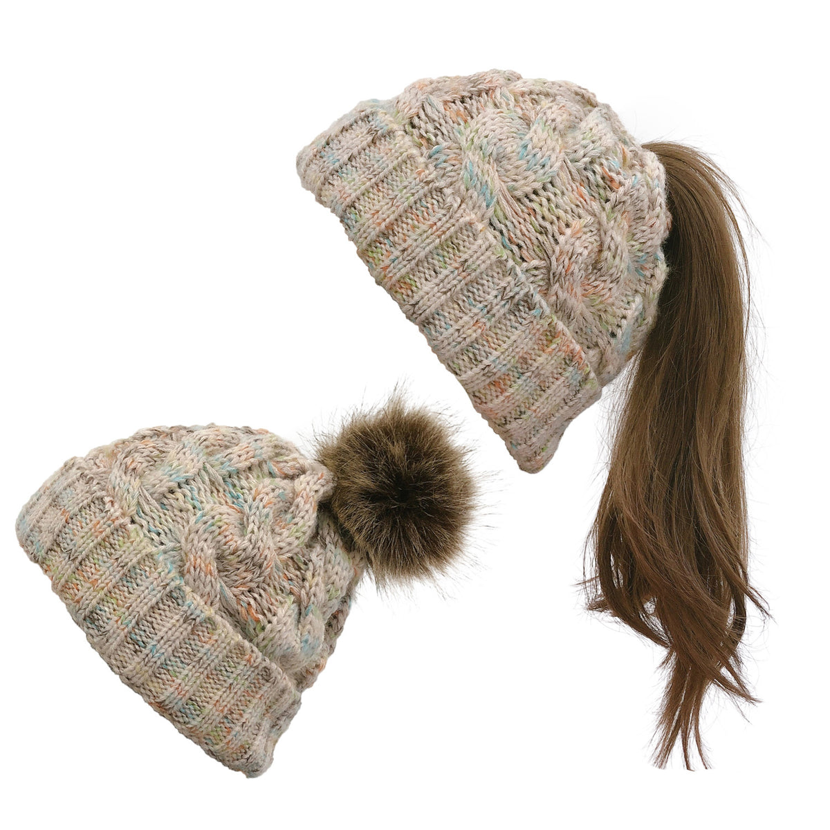 2019 Colorful Pom Pom Knit Beanie for Ponytail