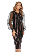 Retro Floral Sequin Mesh Dress – A-Line Long Sleeve