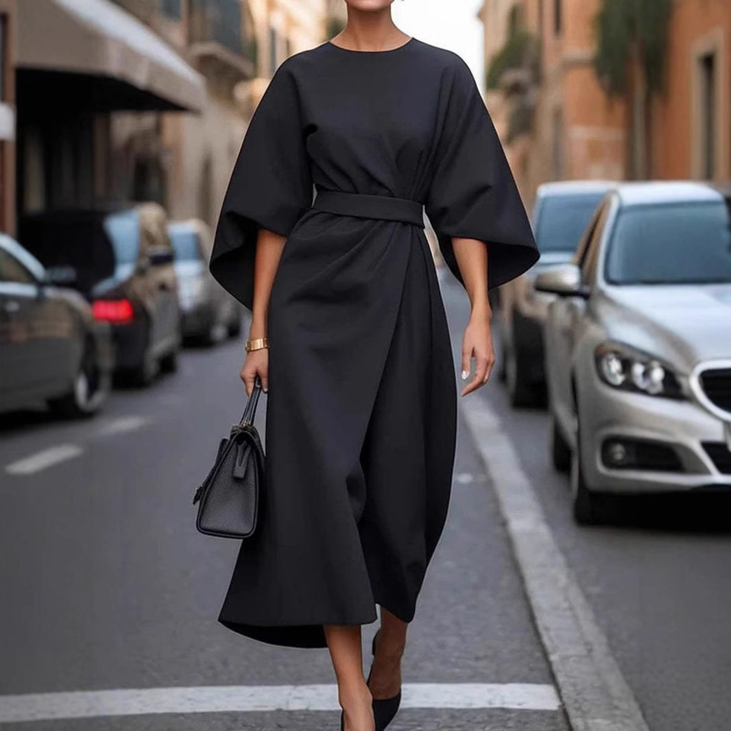 Batwing Sleeve Belted Midi Dress