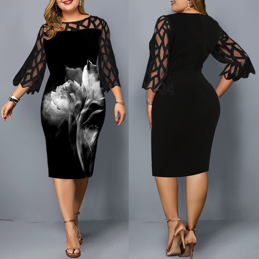 Plus Size Rose Print Pencil Dress