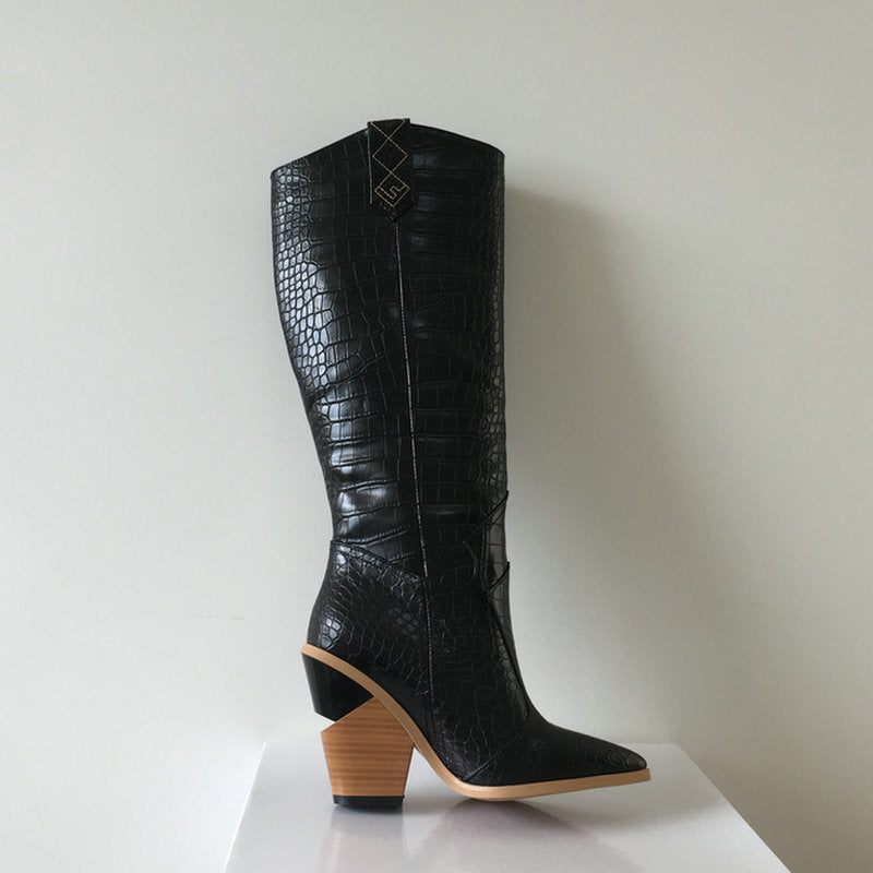 Croc-Print Knee-High Heeled Boots
