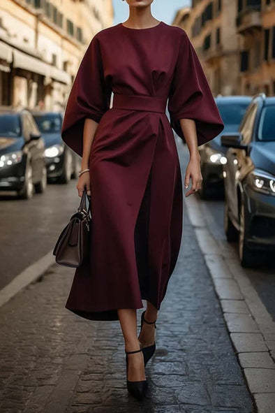 Batwing Sleeve Belted Midi Dress