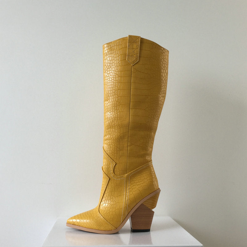 Croc-Print Knee-High Heeled Boots