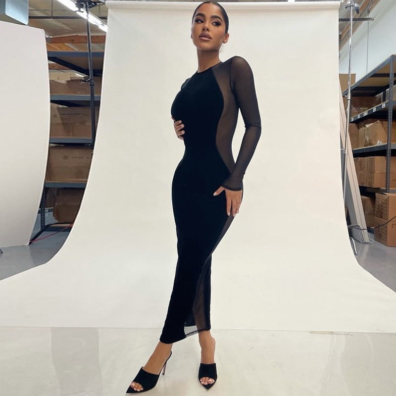Sheer Mesh Splicing Slim Dress – Long Sleeve & Alluring