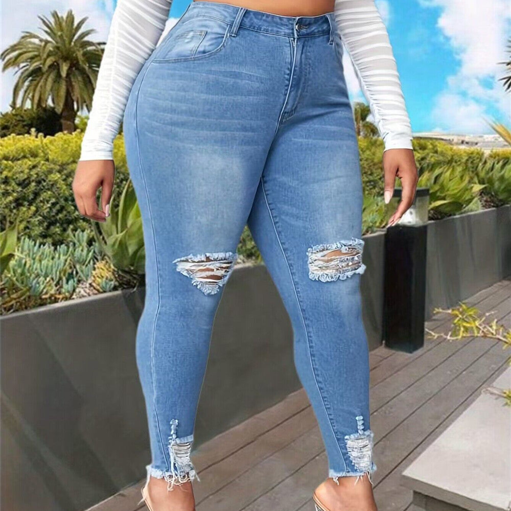 Plus Size Classic Blue Ripped Denim Jeans