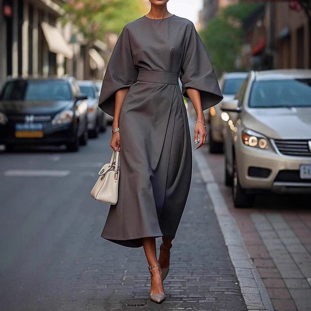Batwing Sleeve Belted Midi Dress