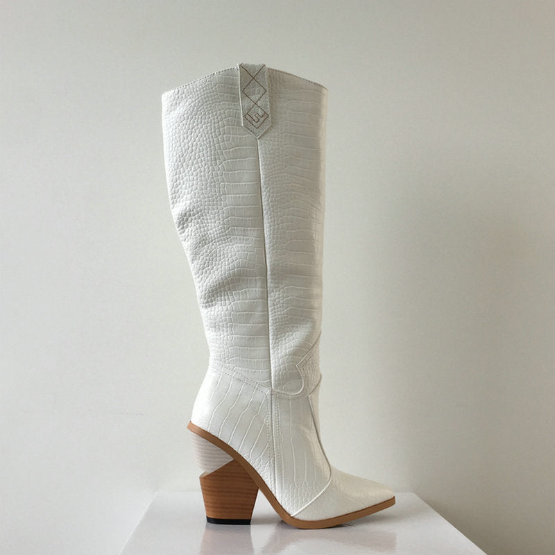Croc-Print Knee-High Heeled Boots