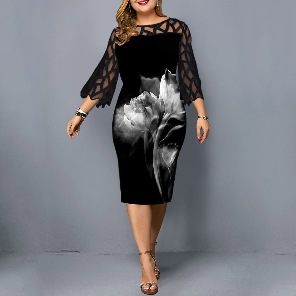 Plus Size Rose Print Pencil Dress