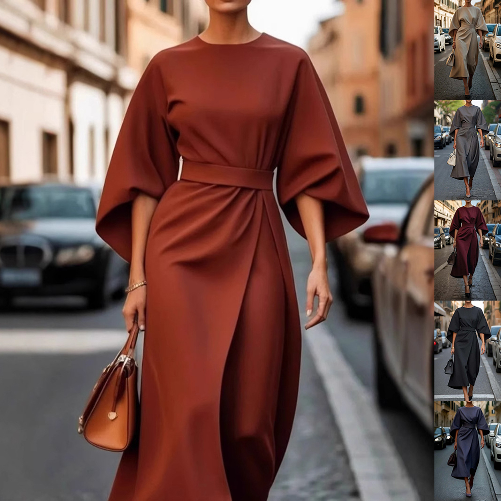 Batwing Sleeve Belted Midi Dress