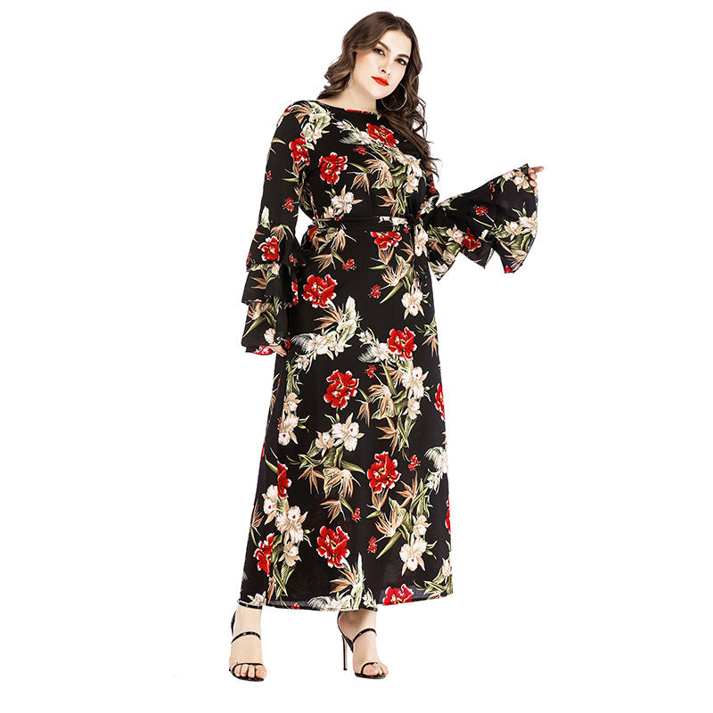 Plus Size Printed Lotus Sleeve Maxi Dress