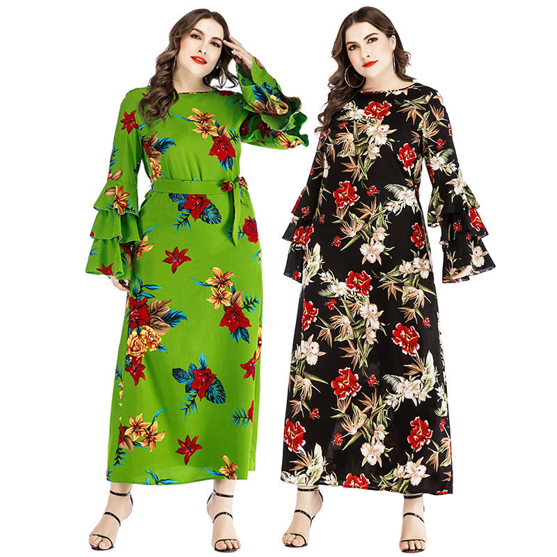 Plus Size Printed Lotus Sleeve Maxi Dress
