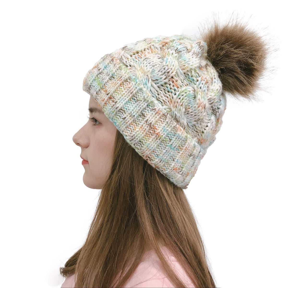 2019 Colorful Pom Pom Knit Beanie for Ponytail