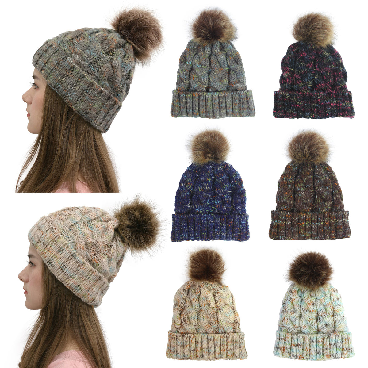 2019 Colorful Pom Pom Knit Beanie for Ponytail