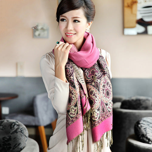 Long Floral Jacquard Knit Scarf