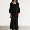 V-Neck Knit Top & Wide-Leg Pants Set – Effortlessly Chic Two-Piece