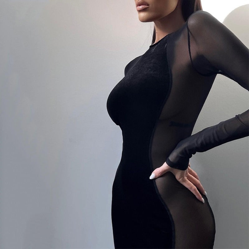 Sheer Mesh Splicing Slim Dress – Long Sleeve & Alluring