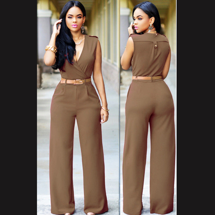 High-Waist V-Neck Wide-Leg Pants – Belted & Elevated