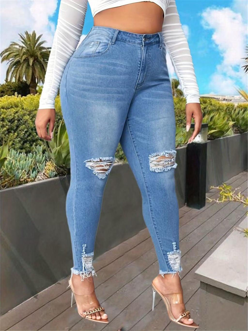 Plus Size Classic Blue Ripped Denim Jeans