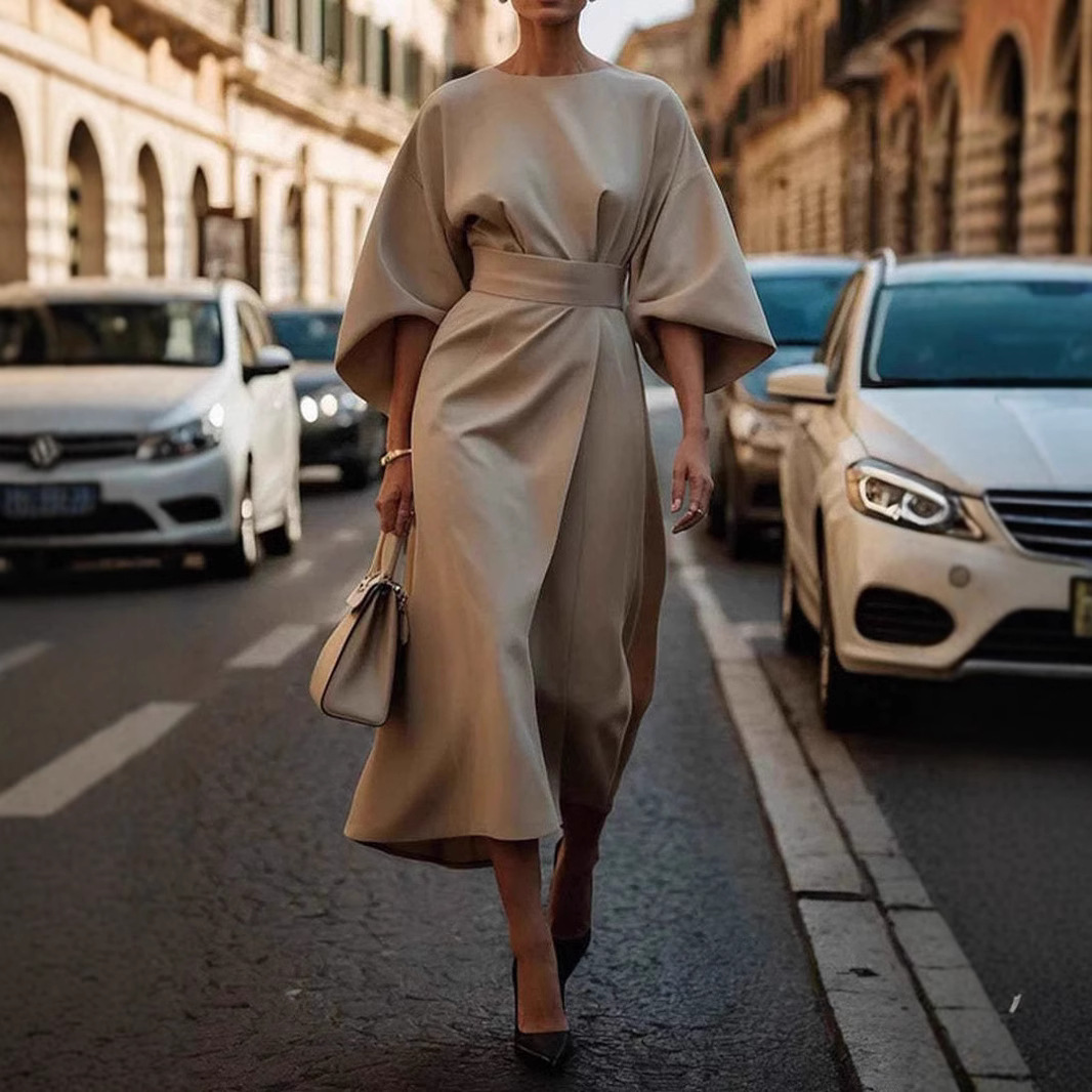 Batwing Sleeve Belted Midi Dress