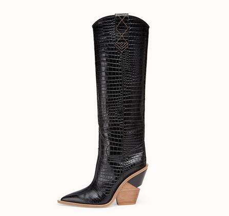 Croc-Print Knee-High Heeled Boots