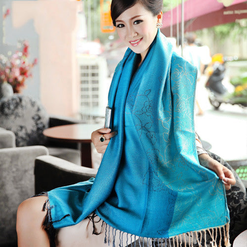 Long Floral Jacquard Knit Scarf