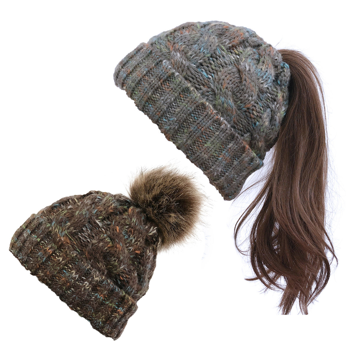 2019 Colorful Pom Pom Knit Beanie for Ponytail
