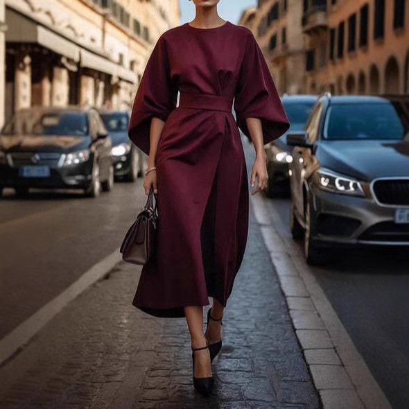 Batwing Sleeve Belted Midi Dress