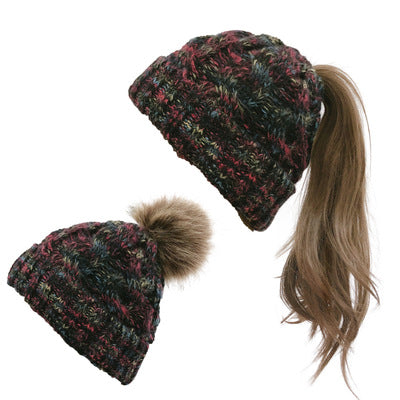 2019 Colorful Pom Pom Knit Beanie for Ponytail