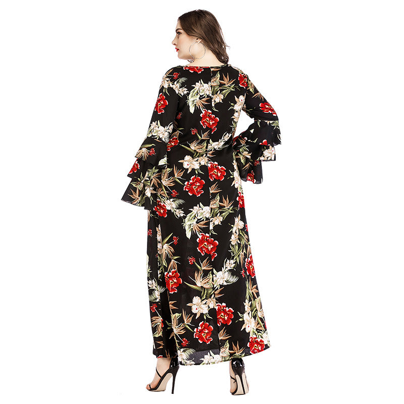 Plus Size Printed Lotus Sleeve Maxi Dress