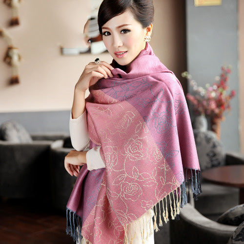 Long Floral Jacquard Knit Scarf