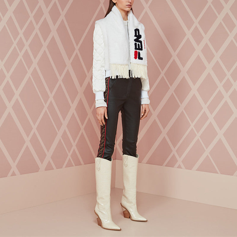 Croc-Print Knee-High Heeled Boots