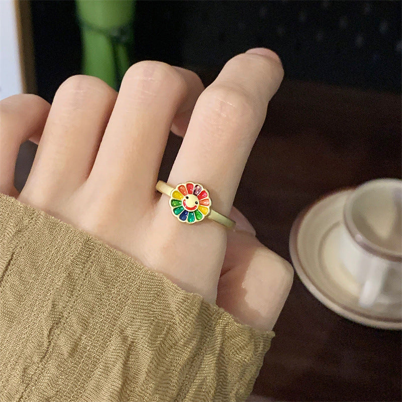 Colorful Sunflower Ring – Geometric Floral Statement Jewelry