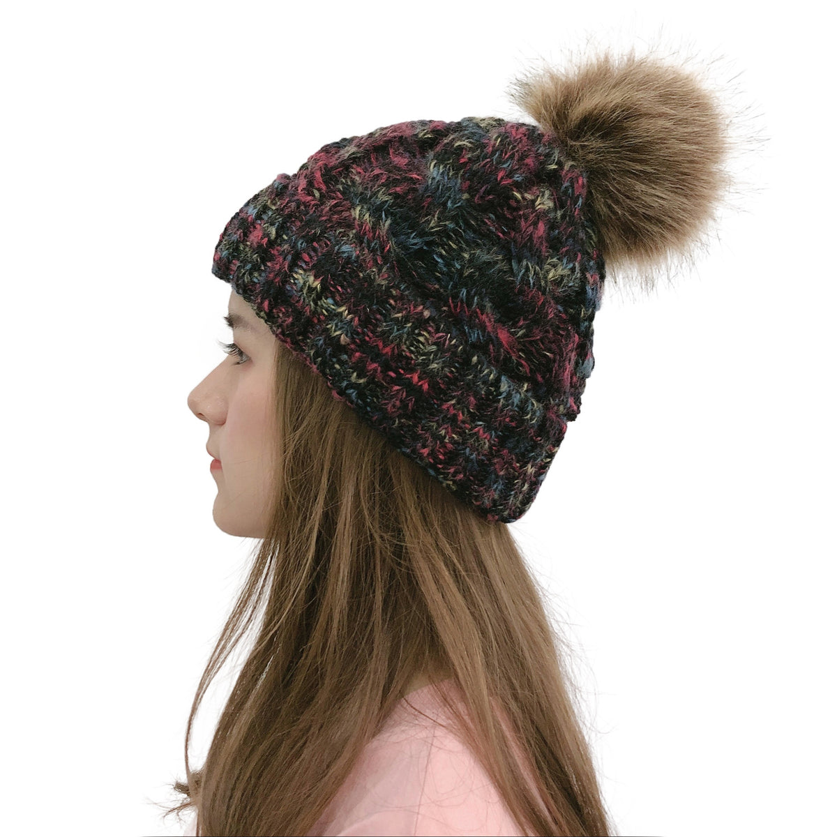 2019 Colorful Pom Pom Knit Beanie for Ponytail