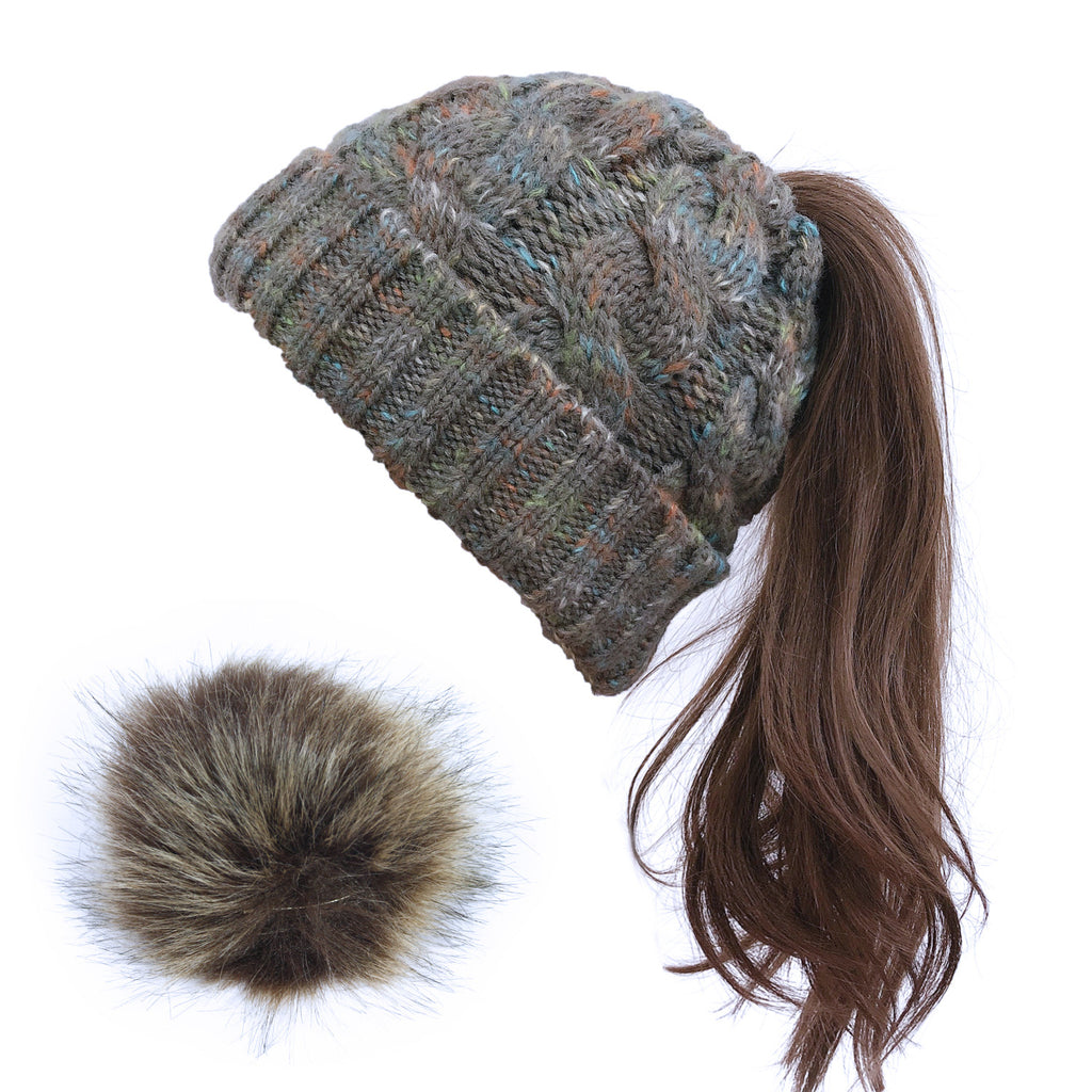 2019 Colorful Pom Pom Knit Beanie for Ponytail