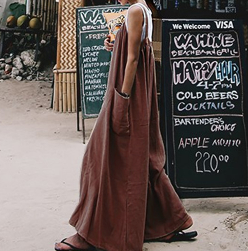 Loose-Fit Cotton Linen Jumpsuit with Big Pockets