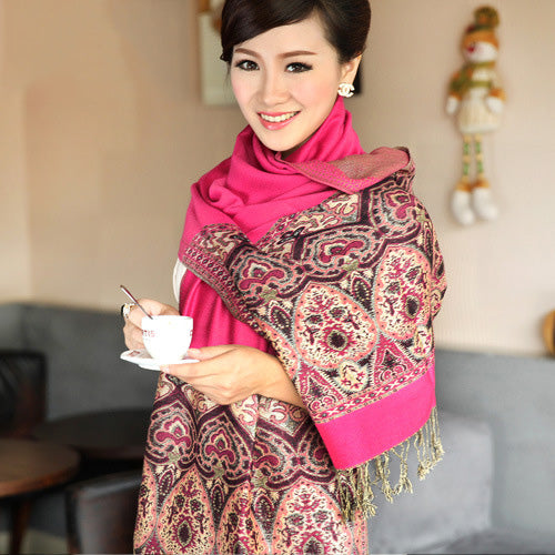 Long Floral Jacquard Knit Scarf