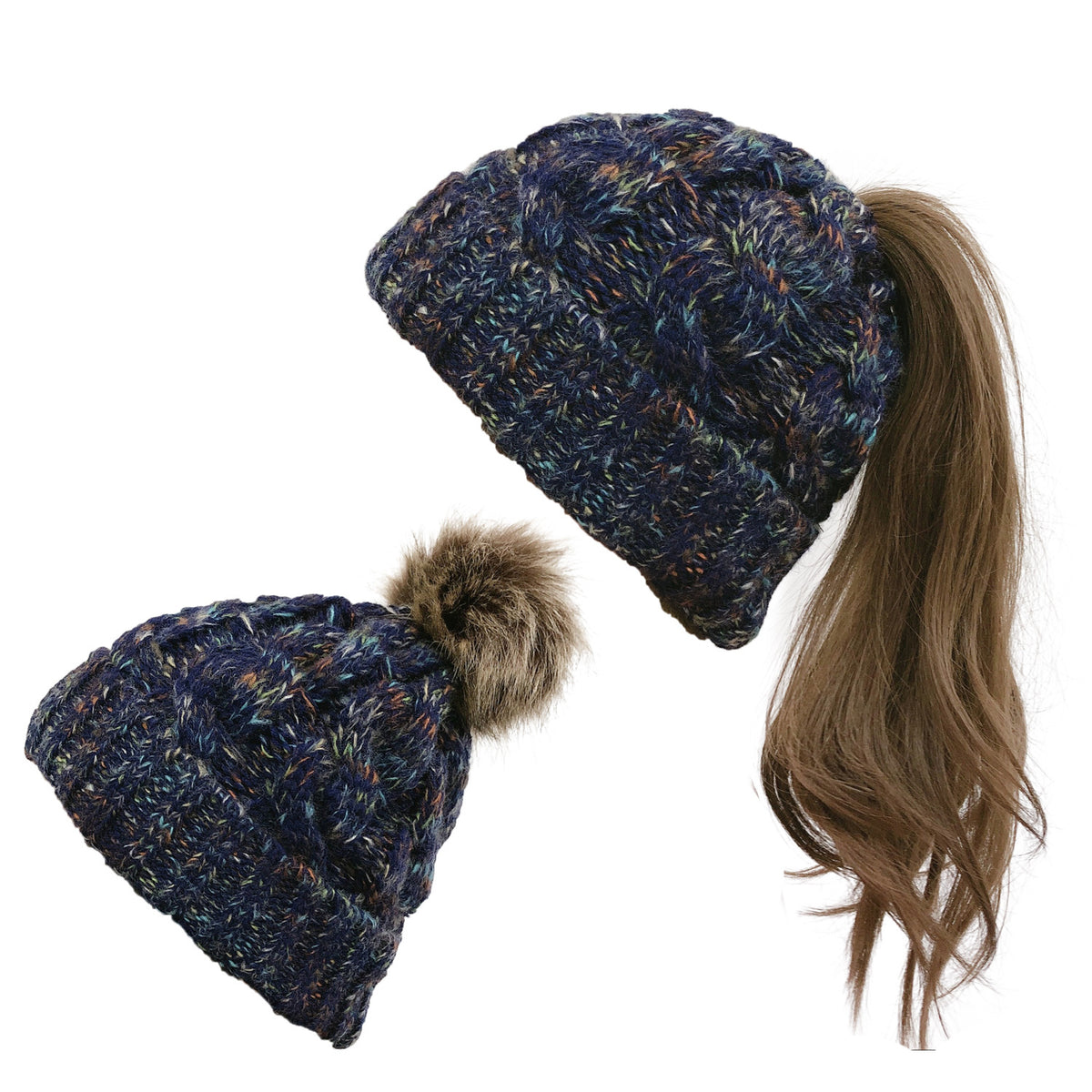 2019 Colorful Pom Pom Knit Beanie for Ponytail