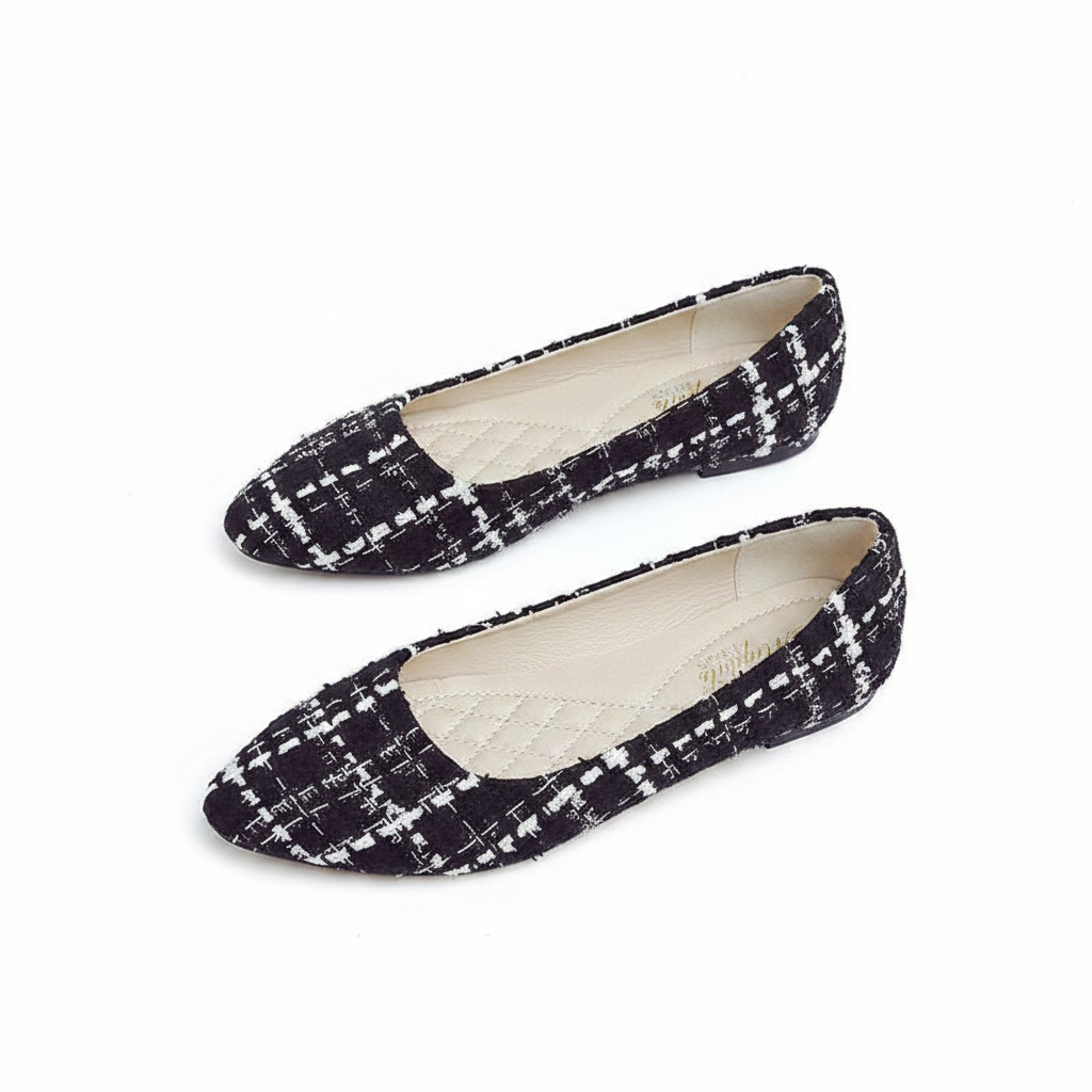 Pointed toe tweed ballet flats on white background